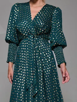 Jolie Moi Occasion Dresses|Mother Of The Bride- Puff Sleeve Metalic Spot Print Dip Hem Midi Dress Dark Green