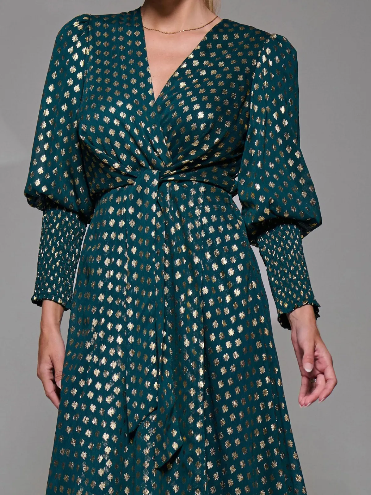 Jolie Moi Occasion Dresses|Mother Of The Bride- Puff Sleeve Metalic Spot Print Dip Hem Midi Dress Dark Green