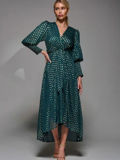 Jolie Moi Occasion Dresses|Mother Of The Bride- Puff Sleeve Metalic Spot Print Dip Hem Midi Dress Dark Green