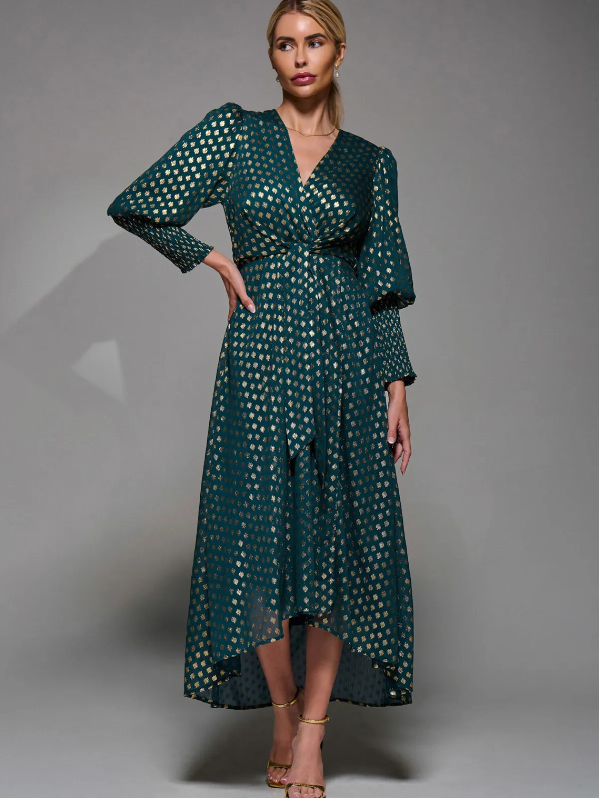 Jolie Moi Occasion Dresses|Mother Of The Bride- Puff Sleeve Metalic Spot Print Dip Hem Midi Dress Dark Green