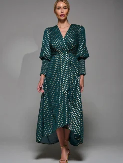 Jolie Moi Occasion Dresses|Mother Of The Bride- Puff Sleeve Metalic Spot Print Dip Hem Midi Dress Dark Green