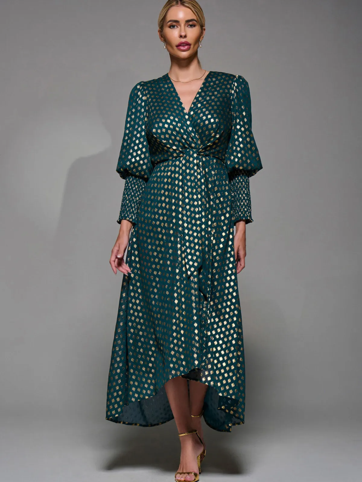 Jolie Moi Occasion Dresses|Mother Of The Bride- Puff Sleeve Metalic Spot Print Dip Hem Midi Dress Dark Green