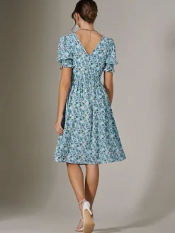 Jolie Moi Floral Dresses|Midi Dresses-Puff Sleeve Midi Dress, Blue Floral