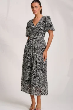 Jolie Moi Occasion Dresses|Weekend Casuals-Puff Sleeve Printed Lace Maxi Dress, Black Animal
