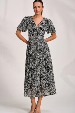 Jolie Moi Occasion Dresses|Weekend Casuals-Puff Sleeve Printed Lace Maxi Dress, Black Animal
