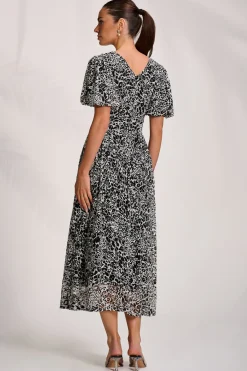 Jolie Moi Occasion Dresses|Weekend Casuals-Puff Sleeve Printed Lace Maxi Dress, Black Animal