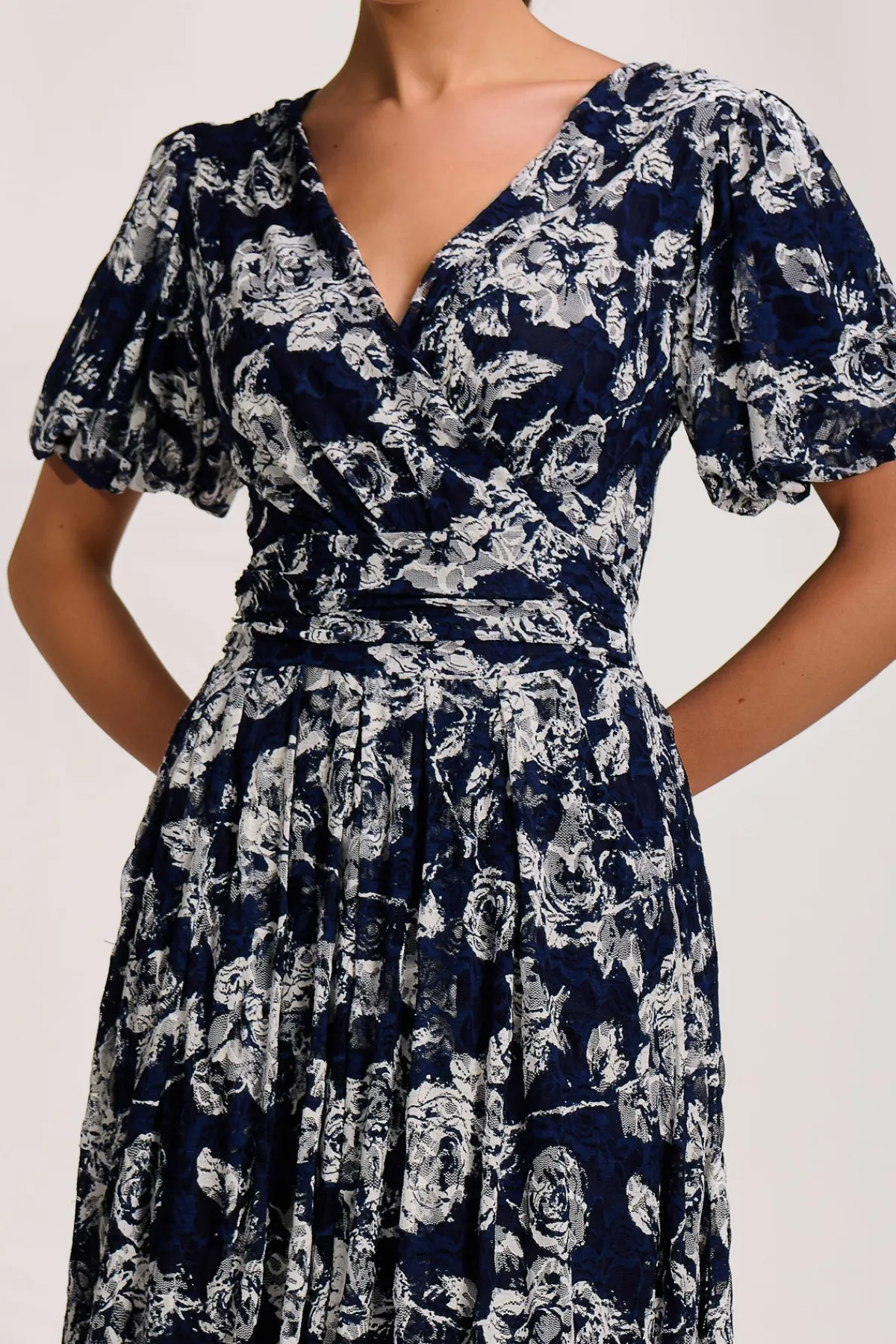 Jolie Moi Occasion Dresses|Floral Dresses-Puff Sleeve Printed Lace Maxi Dress, Navy Floral