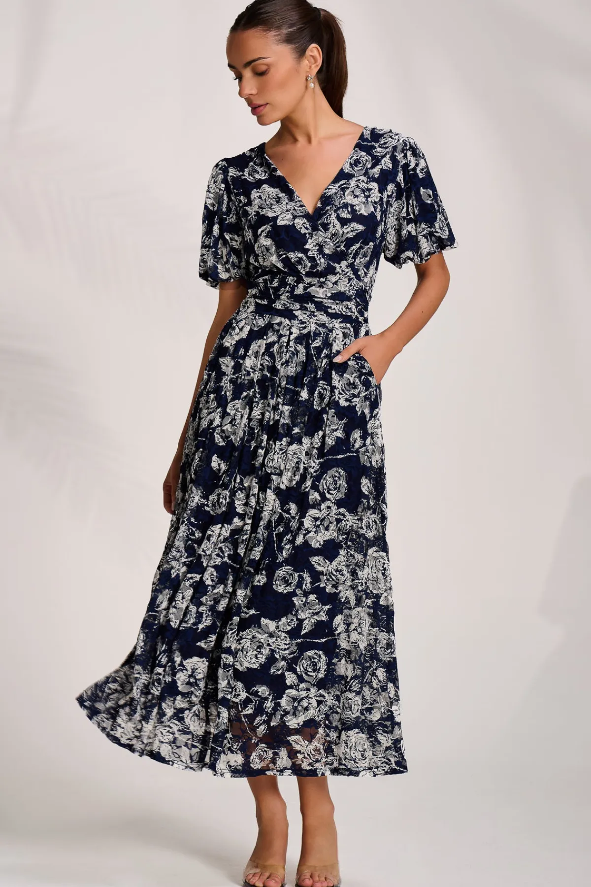 Jolie Moi Occasion Dresses|Floral Dresses-Puff Sleeve Printed Lace Maxi Dress, Navy Floral