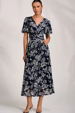 Jolie Moi Occasion Dresses|Floral Dresses-Puff Sleeve Printed Lace Maxi Dress, Navy Floral