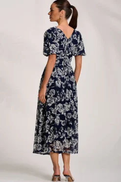 Jolie Moi Occasion Dresses|Floral Dresses-Puff Sleeve Printed Lace Maxi Dress, Navy Floral