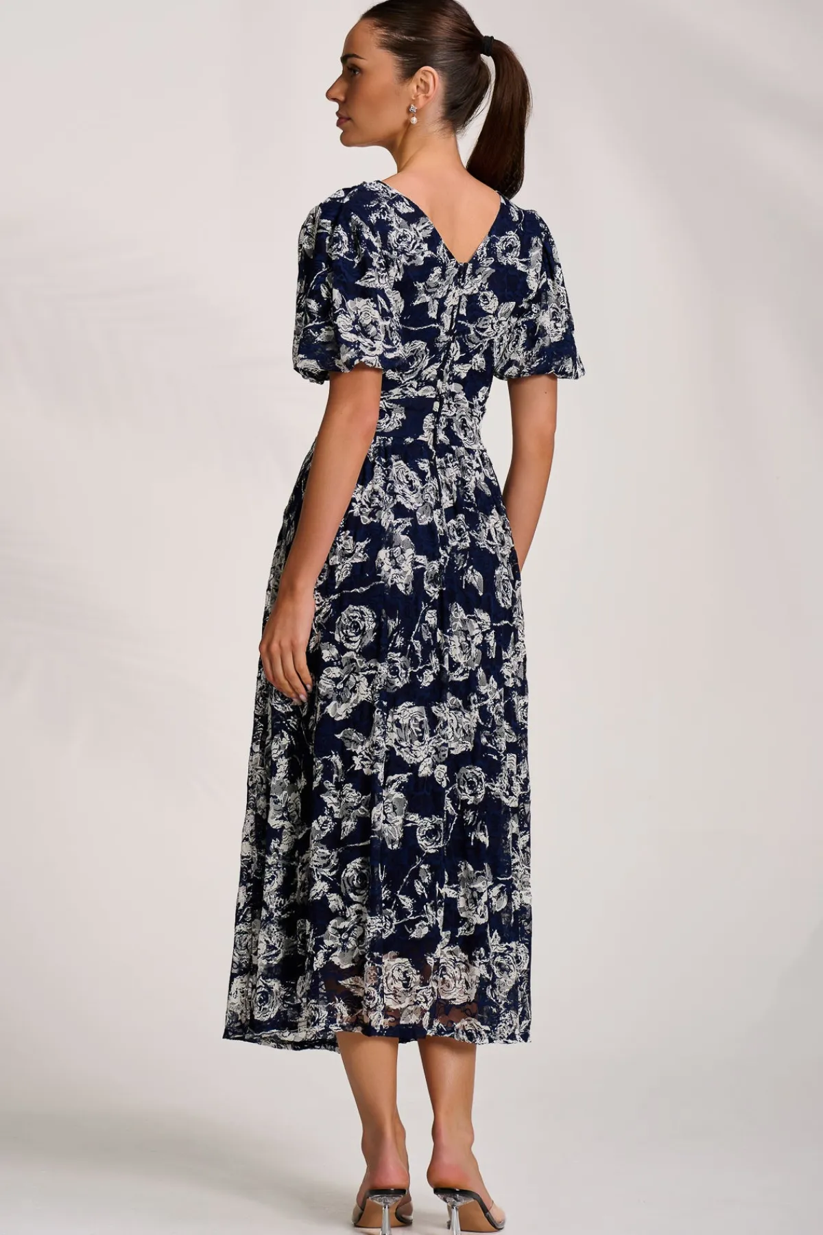 Jolie Moi Occasion Dresses|Floral Dresses-Puff Sleeve Printed Lace Maxi Dress, Navy Floral