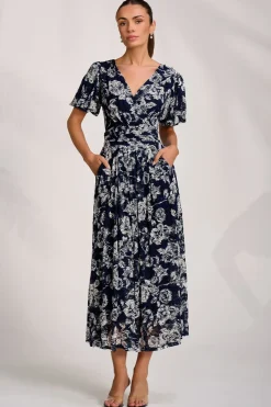 Jolie Moi Occasion Dresses|Floral Dresses-Puff Sleeve Printed Lace Maxi Dress, Navy Floral