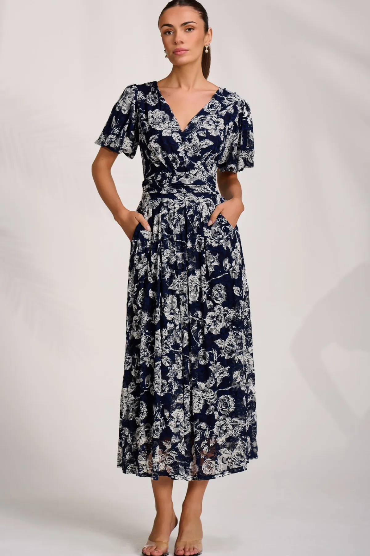 Jolie Moi Occasion Dresses|Floral Dresses-Puff Sleeve Printed Lace Maxi Dress, Navy Floral