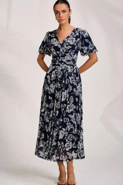 Jolie Moi Occasion Dresses|Floral Dresses-Puff Sleeve Printed Lace Maxi Dress, Navy Floral