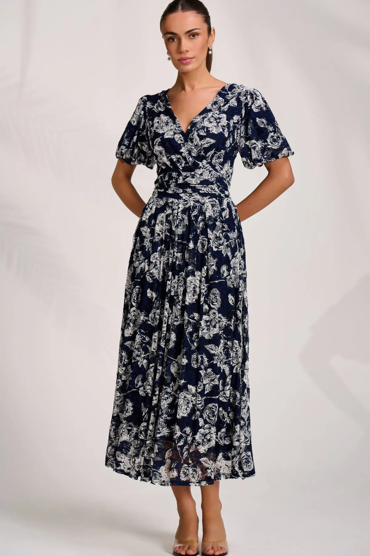 Jolie Moi Occasion Dresses|Floral Dresses-Puff Sleeve Printed Lace Maxi Dress, Navy Floral
