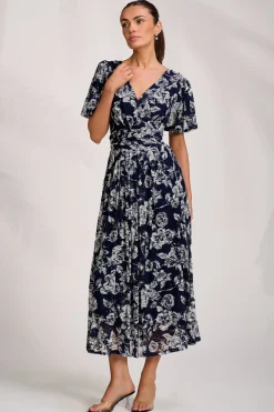 Jolie Moi Occasion Dresses|Floral Dresses-Puff Sleeve Printed Lace Maxi Dress, Navy Floral