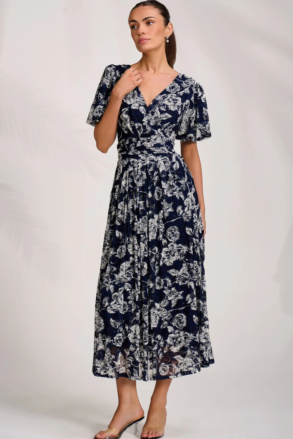Jolie Moi Occasion Dresses|Floral Dresses-Puff Sleeve Printed Lace Maxi Dress, Navy Floral
