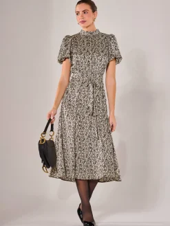 Jolie Moi Office Wear|Midi Dresses-Puff Sleeve Tie Waist Midi Dress, Black Cream