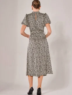 Jolie Moi Office Wear|Midi Dresses-Puff Sleeve Tie Waist Midi Dress, Black Cream