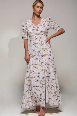 Jolie Moi Occasion Dresses|Maxi Dresses-Puffy Sleeved Maxi Dress, Cream Floral