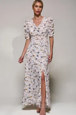 Jolie Moi Occasion Dresses|Maxi Dresses-Puffy Sleeved Maxi Dress, Cream Floral
