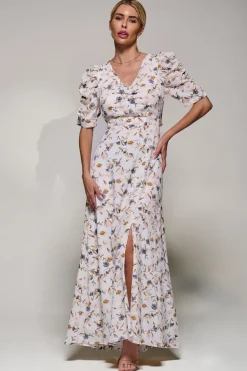 Jolie Moi Occasion Dresses|Maxi Dresses-Puffy Sleeved Maxi Dress, Cream Floral