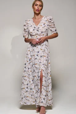 Jolie Moi Occasion Dresses|Maxi Dresses-Puffy Sleeved Maxi Dress, Cream Floral