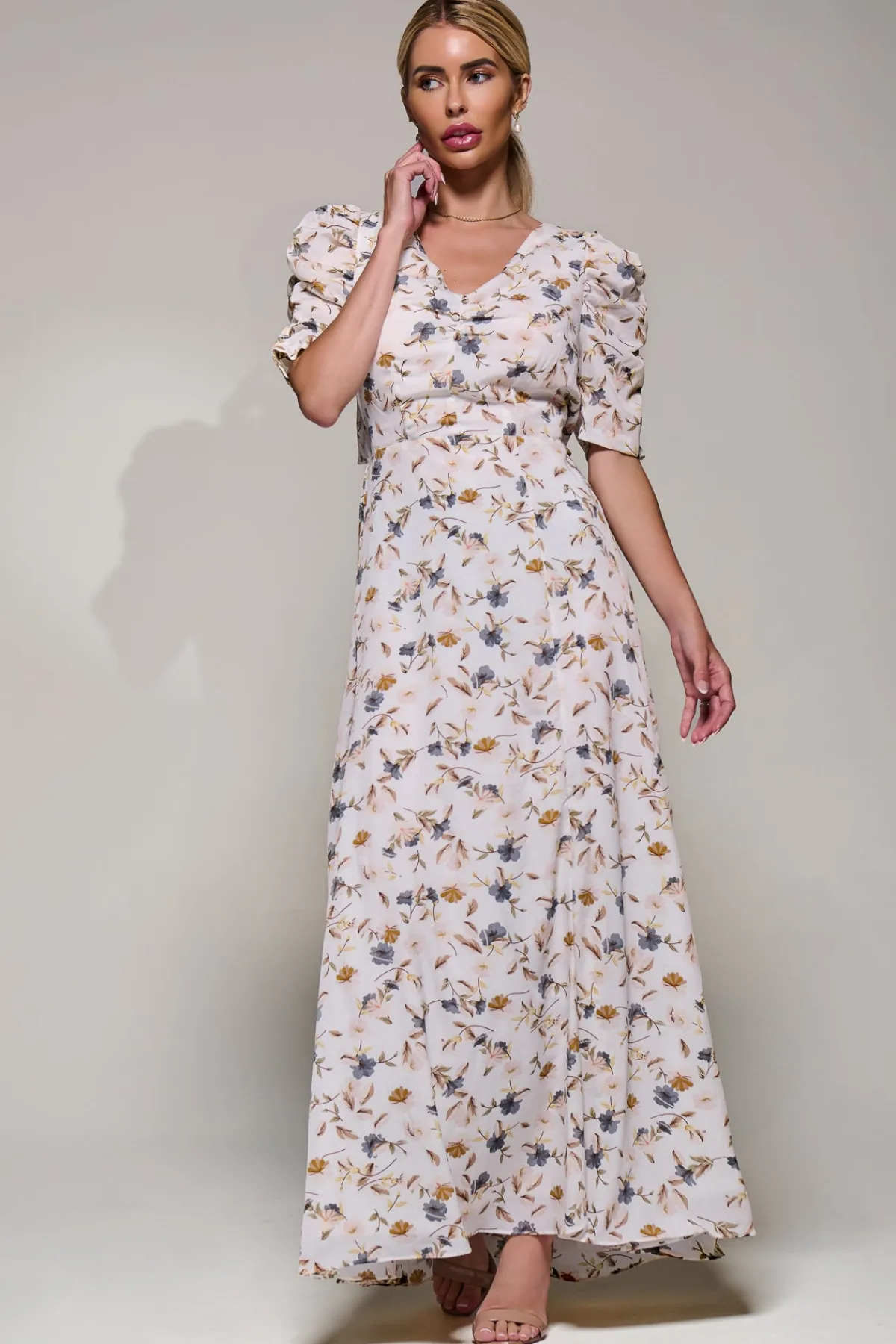 Jolie Moi Occasion Dresses|Maxi Dresses-Puffy Sleeved Maxi Dress, Cream Floral