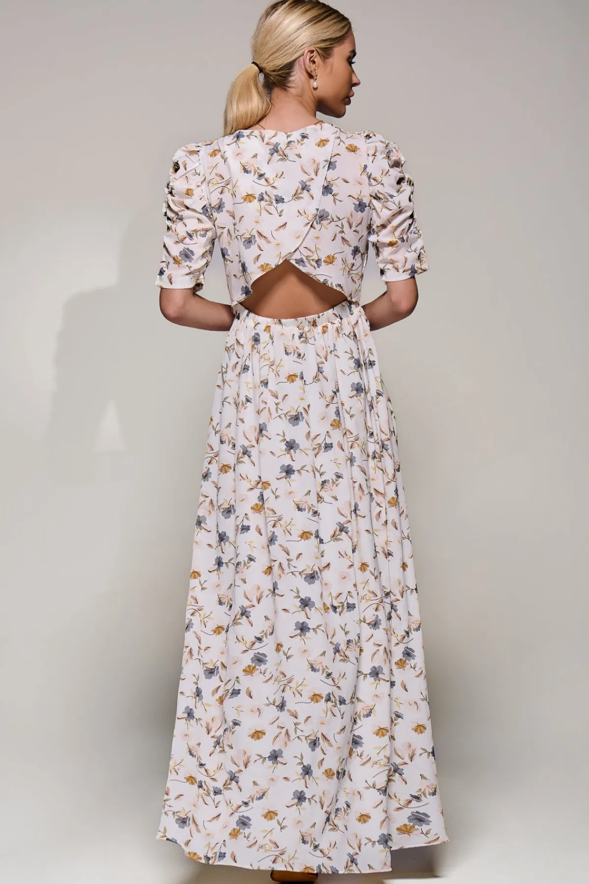 Jolie Moi Occasion Dresses|Maxi Dresses-Puffy Sleeved Maxi Dress, Cream Floral
