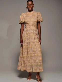 Jolie Moi Occasion Dresses|Mesh Dresses-Puffy Sleeve Printed Mesh Maxi Dress, Animal Multi