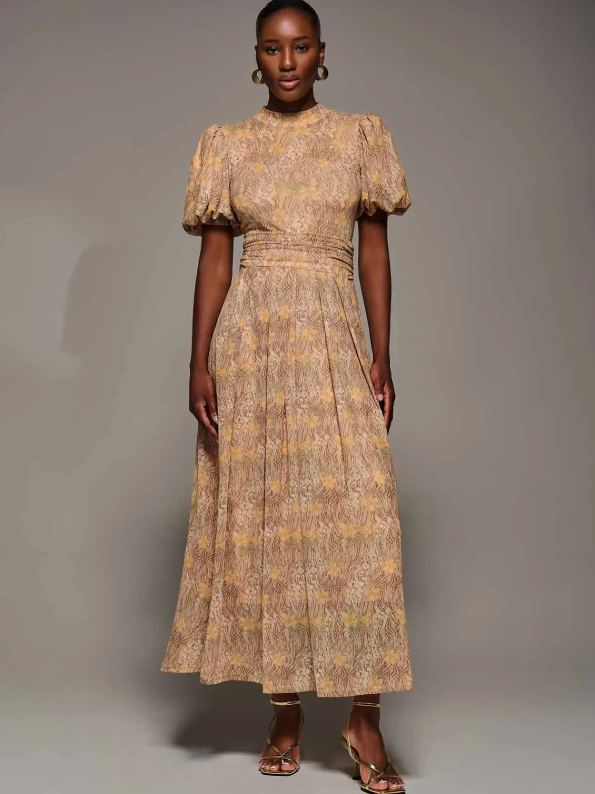 Jolie Moi Occasion Dresses|Mesh Dresses-Puffy Sleeve Printed Mesh Maxi Dress, Animal Multi