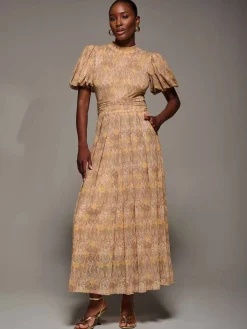 Jolie Moi Occasion Dresses|Mesh Dresses-Puffy Sleeve Printed Mesh Maxi Dress, Animal Multi