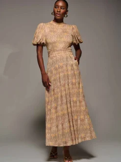 Jolie Moi Occasion Dresses|Mesh Dresses-Puffy Sleeve Printed Mesh Maxi Dress, Animal Multi