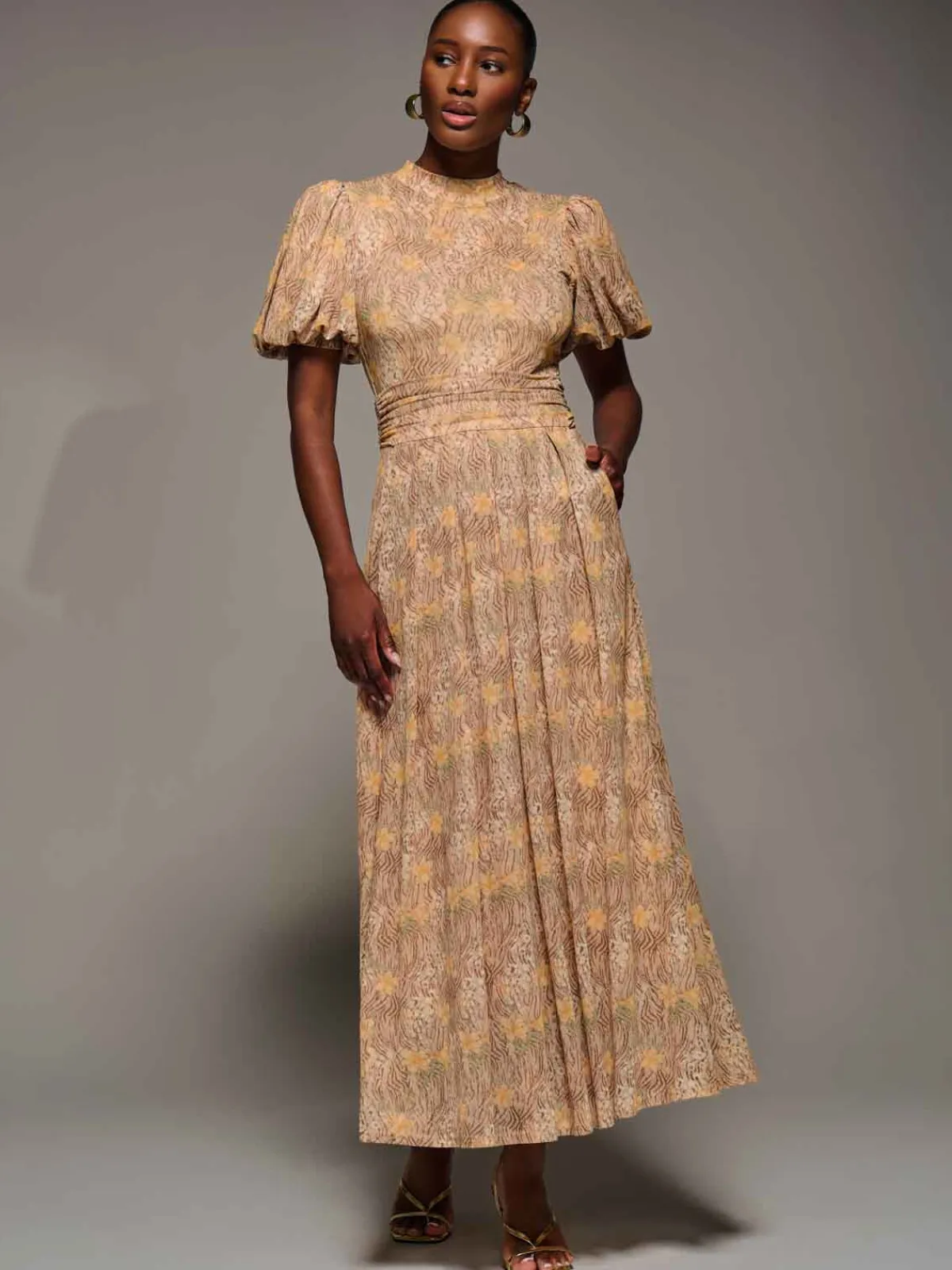 Jolie Moi Occasion Dresses|Mesh Dresses-Puffy Sleeve Printed Mesh Maxi Dress, Animal Multi