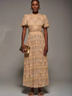 Jolie Moi Occasion Dresses|Mesh Dresses-Puffy Sleeve Printed Mesh Maxi Dress, Animal Multi