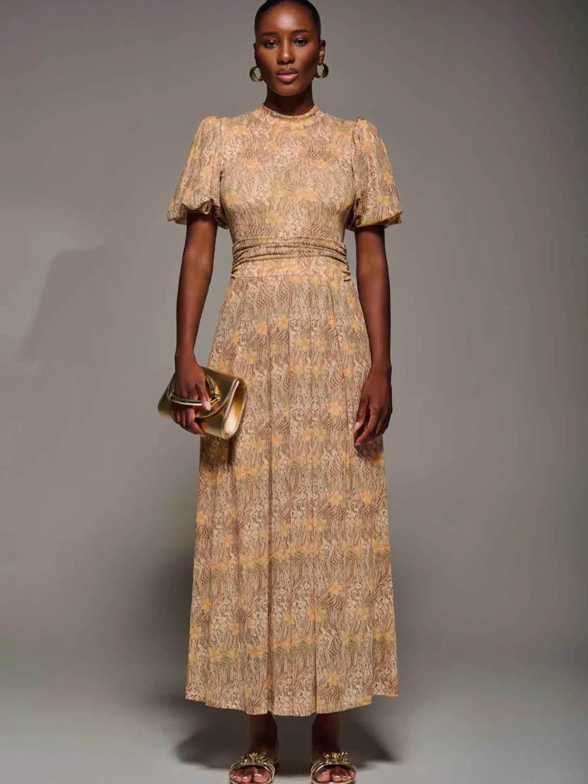 Jolie Moi Occasion Dresses|Mesh Dresses-Puffy Sleeve Printed Mesh Maxi Dress, Animal Multi