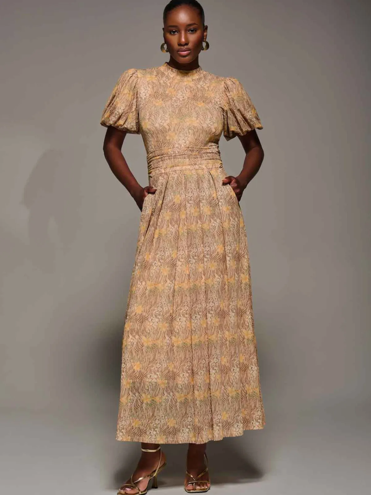Jolie Moi Occasion Dresses|Mesh Dresses-Puffy Sleeve Printed Mesh Maxi Dress, Animal Multi