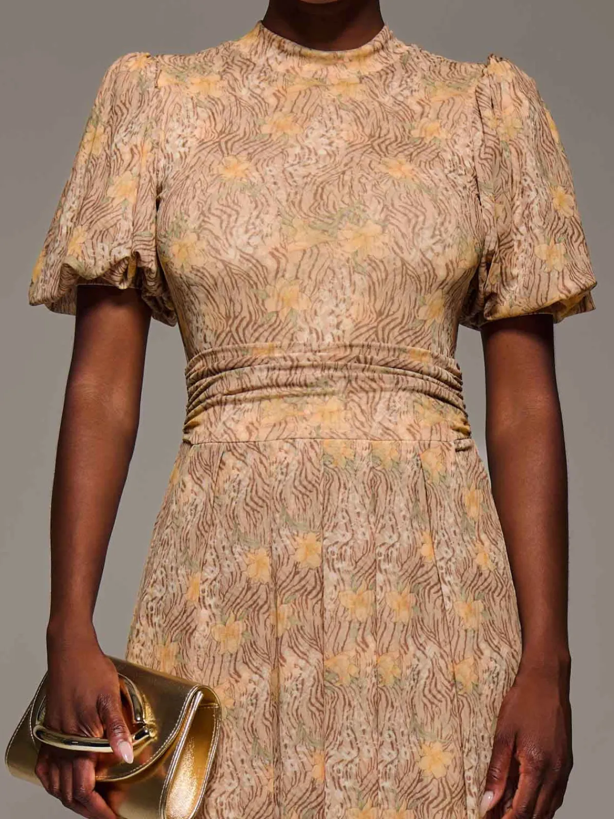 Jolie Moi Occasion Dresses|Mesh Dresses-Puffy Sleeve Printed Mesh Maxi Dress, Animal Multi