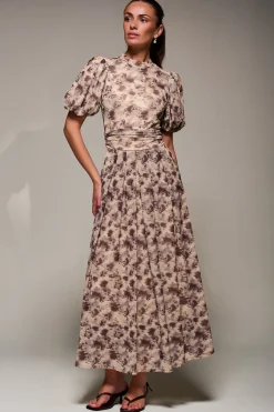 Jolie Moi Occasion Dresses|Mesh Dresses-Puffy Sleeve Printed Mesh Maxi Dress, Brown Abstract