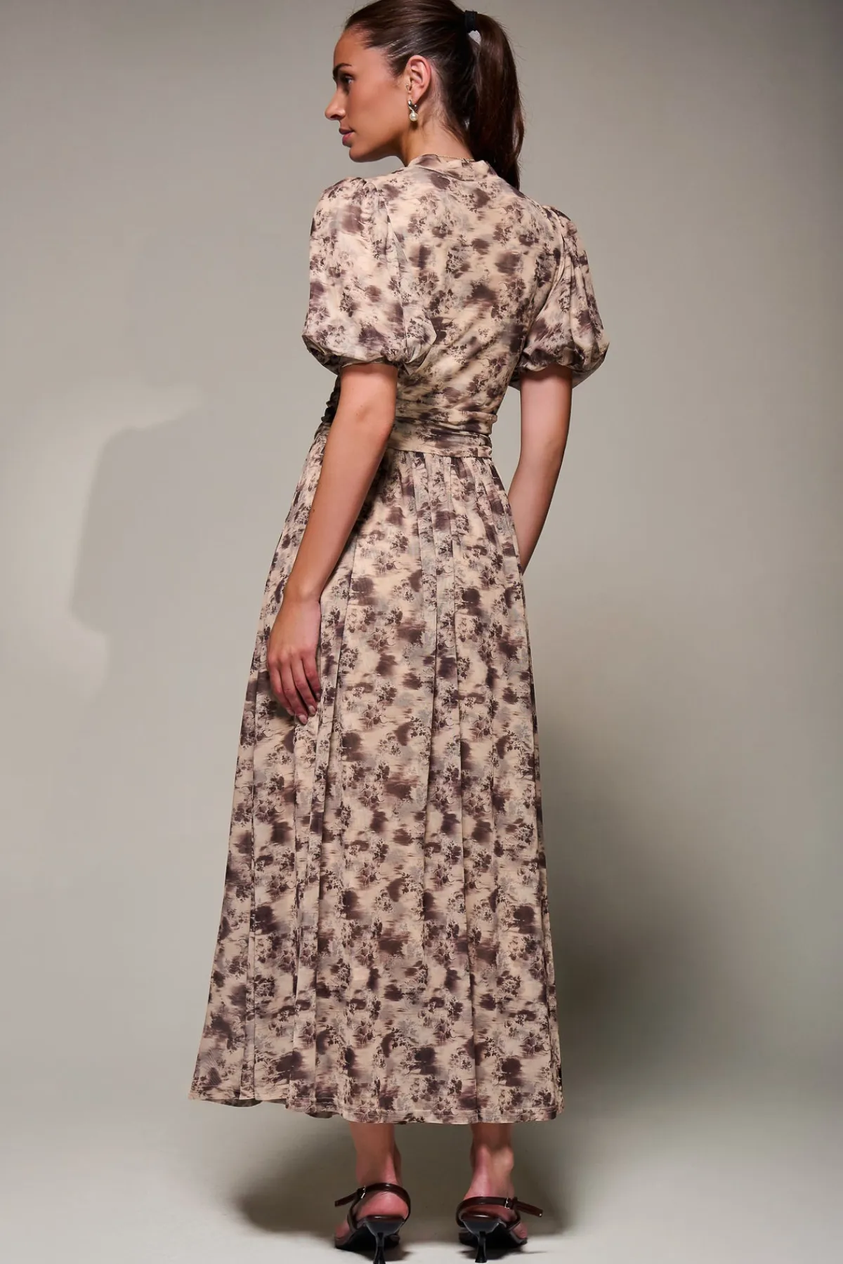 Jolie Moi Occasion Dresses|Mesh Dresses-Puffy Sleeve Printed Mesh Maxi Dress, Brown Abstract