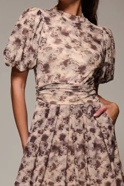 Jolie Moi Occasion Dresses|Mesh Dresses-Puffy Sleeve Printed Mesh Maxi Dress, Brown Abstract