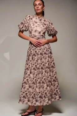 Jolie Moi Occasion Dresses|Mesh Dresses-Puffy Sleeve Printed Mesh Maxi Dress, Brown Abstract