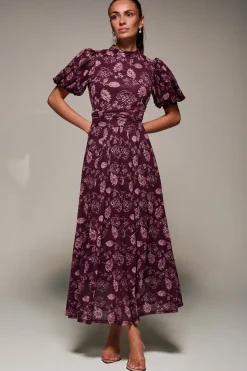 Jolie Moi Occasion Dresses|Mesh Dresses-Puffy Sleeve Printed Mesh Maxi Dress, Burgundy Floral