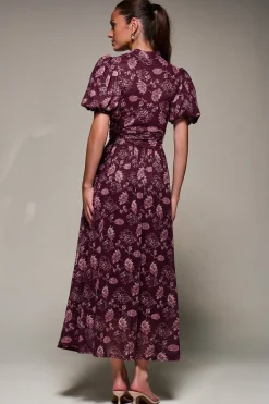 Jolie Moi Occasion Dresses|Mesh Dresses-Puffy Sleeve Printed Mesh Maxi Dress, Burgundy Floral