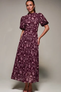 Jolie Moi Occasion Dresses|Mesh Dresses-Puffy Sleeve Printed Mesh Maxi Dress, Burgundy Floral