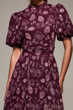 Jolie Moi Occasion Dresses|Mesh Dresses-Puffy Sleeve Printed Mesh Maxi Dress, Burgundy Floral