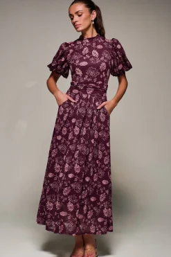Jolie Moi Occasion Dresses|Mesh Dresses-Puffy Sleeve Printed Mesh Maxi Dress, Burgundy Floral