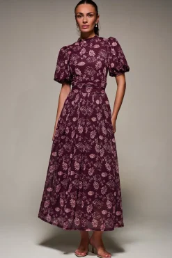 Jolie Moi Occasion Dresses|Mesh Dresses-Puffy Sleeve Printed Mesh Maxi Dress, Burgundy Floral