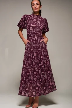 Jolie Moi Occasion Dresses|Mesh Dresses-Puffy Sleeve Printed Mesh Maxi Dress, Burgundy Floral