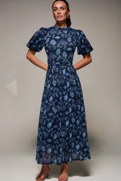 Jolie Moi Occasion Dresses|Mesh Dresses-Puffy Sleeve Printed Mesh Maxi Dress, Navy Floral